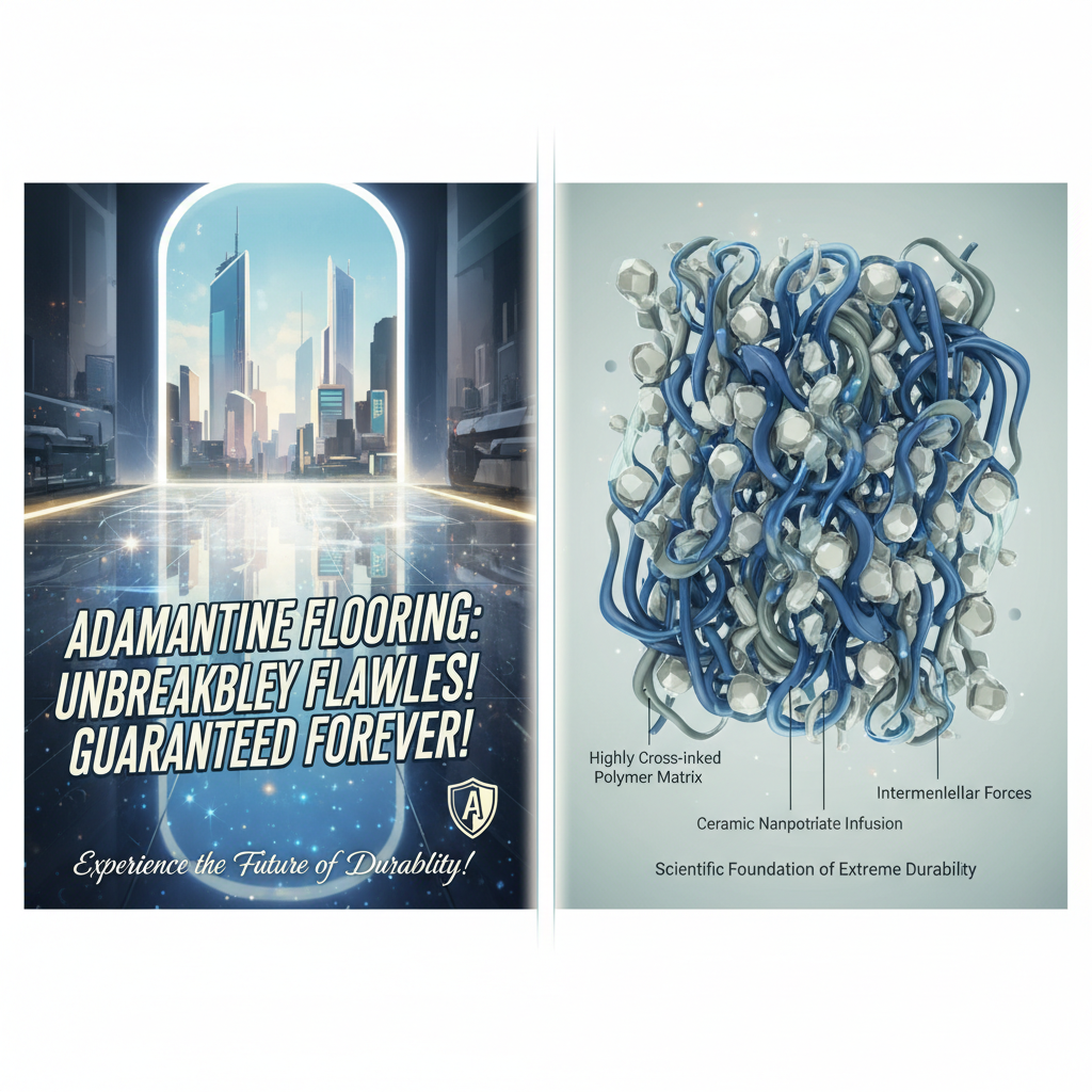 A dynamic, split-panel illustration comparing marketing hype with scientific reality for 'adamantine flooring'. On the left panel, a glossy, exaggerated advertisement for 'adamantine' flooring, featuring sparkling, impossibly perfect surfaces and bold, unsubstantiated claims. On the right panel, a detailed, microscopic view of a highly cross-linked polymer matrix infused with ceramic nanoparticles, showing the complex molecular structure and scientific rigor behind true durability. Style: modern, clean illustration with contrasting aesthetics.