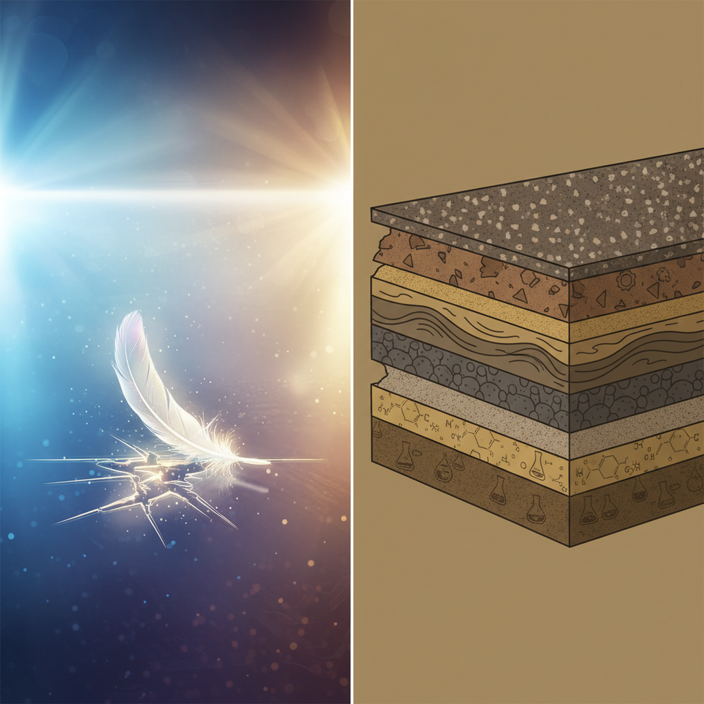 A dynamic, split-panel illustration. The left panel depicts a shimmering, almost magical floor surface with a single, superficial scratch from a feather, representing exaggerated marketing claims. The right panel shows a detailed cross-section of a floor with multiple, clearly defined engineered layers (subfloor, bonding agents, high-performance resins, aggregate), with gears and scientific symbols subtly integrated, representing true structural integrity and complex engineering.