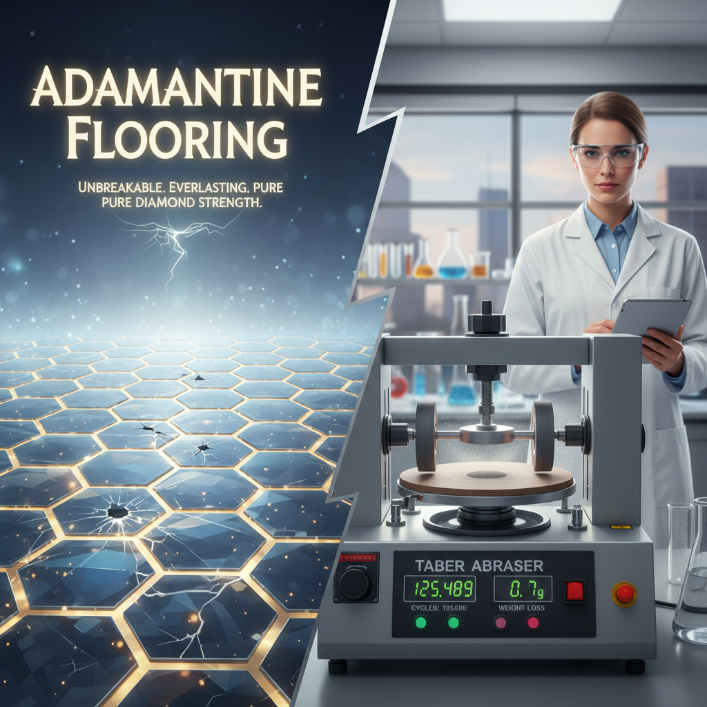 A split image illustration. On the left, a fantastical, glowing, diamond-like floor with exaggerated 'adamantine' marketing text and a shimmering, yet fragile appearance. On the right, a scientific lab setting with a close-up of a Taber Abrasion test machine actively testing a floor sample, with digital data readouts and a confident scientist observing.