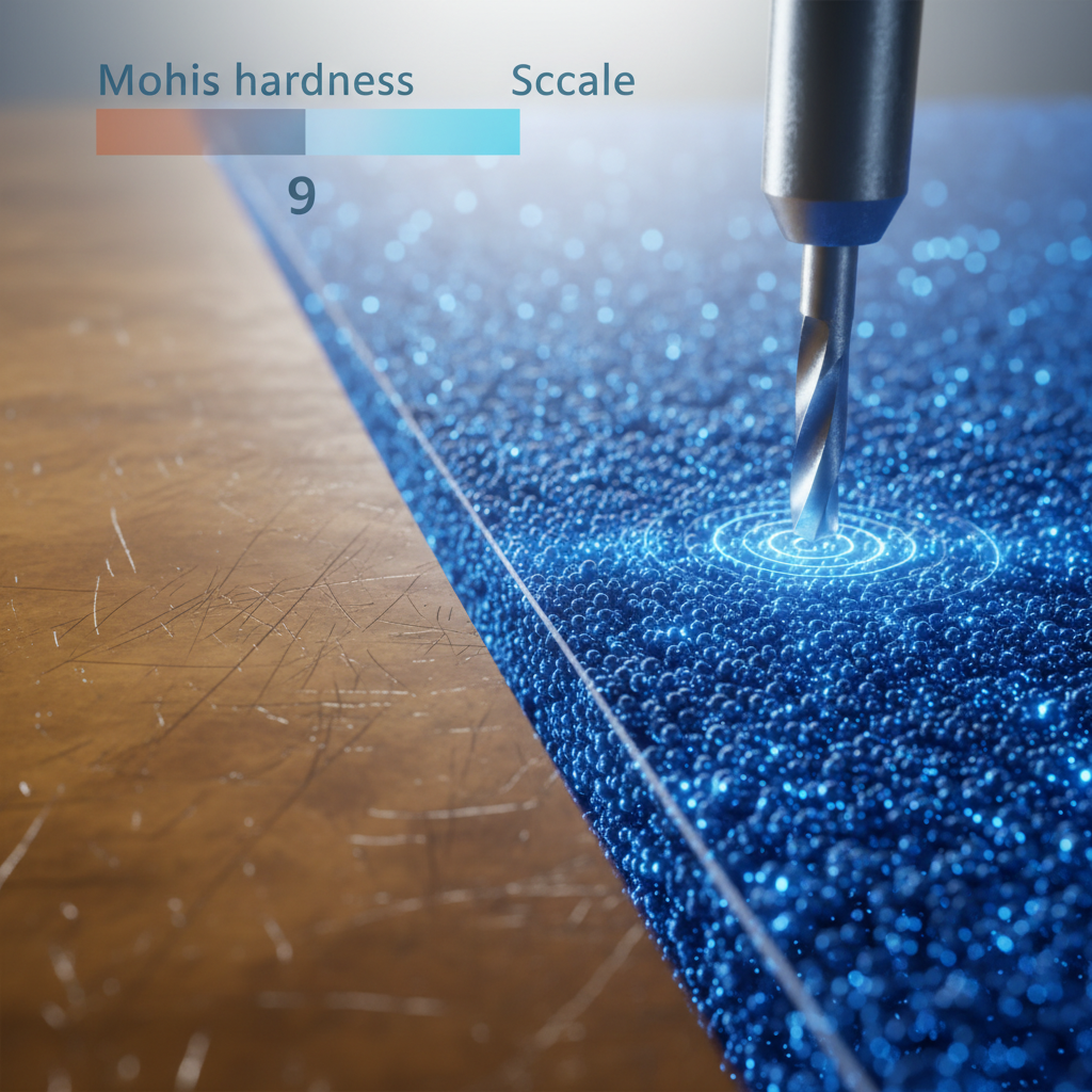 A highly detailed, microscopic view of a cross-section of industrial flooring. On one side, a standard resin coating shows minor surface scratches. On the other side, an 'adamantine' finish is depicted with tightly integrated, glowing aluminum oxide nanoparticles forming an impenetrable, sapphire-like barrier, resisting a microscopic abrasive force. The background subtly shows a Mohs hardness scale with '9' highlighted.