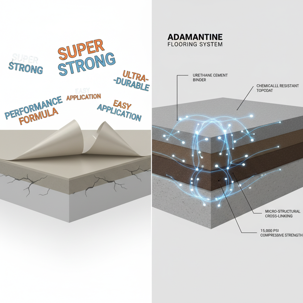 A dynamic split-screen illustration contrasting fragile, marketing-heavy flooring with a robust, scientifically-backed 'adamantine' cross-section.