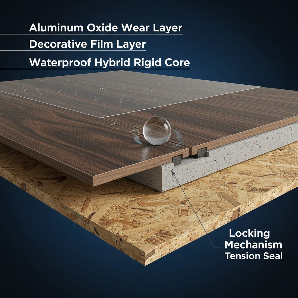 Adamantine Flooring Structural Cross-Section A magnified cross-section of Adamantine flooring showing its aluminum oxide wear layer, decorative film, waterproof hybrid rigid core, and precision-milled locking mechanism, with water being repelled at the seam.