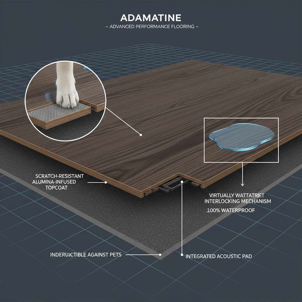 3D render of Adamantine flooring showing a dog's nail failing to scratch the surface and water pooling without seeping, demonstrating scratch and waterproof resilience.