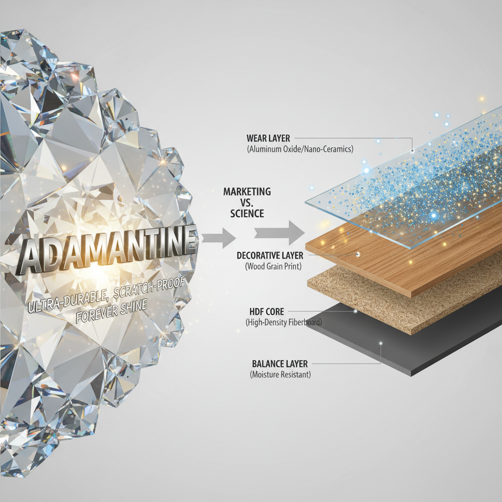A split-view illustration. On the left, a stylized, sparkling diamond-like surface with the word 'Adamantine' in bold, representing exaggerated marketing claims. On the right, a detailed, magnified cross-section of a flooring plank, showing distinct, labeled layers: a thick, transparent wear layer infused with tiny, glowing particles (representing aluminum oxide/nano-ceramics) over a core layer. The style should be modern, informative, and slightly abstract, using a clean color palette to differentiate hype from science.
