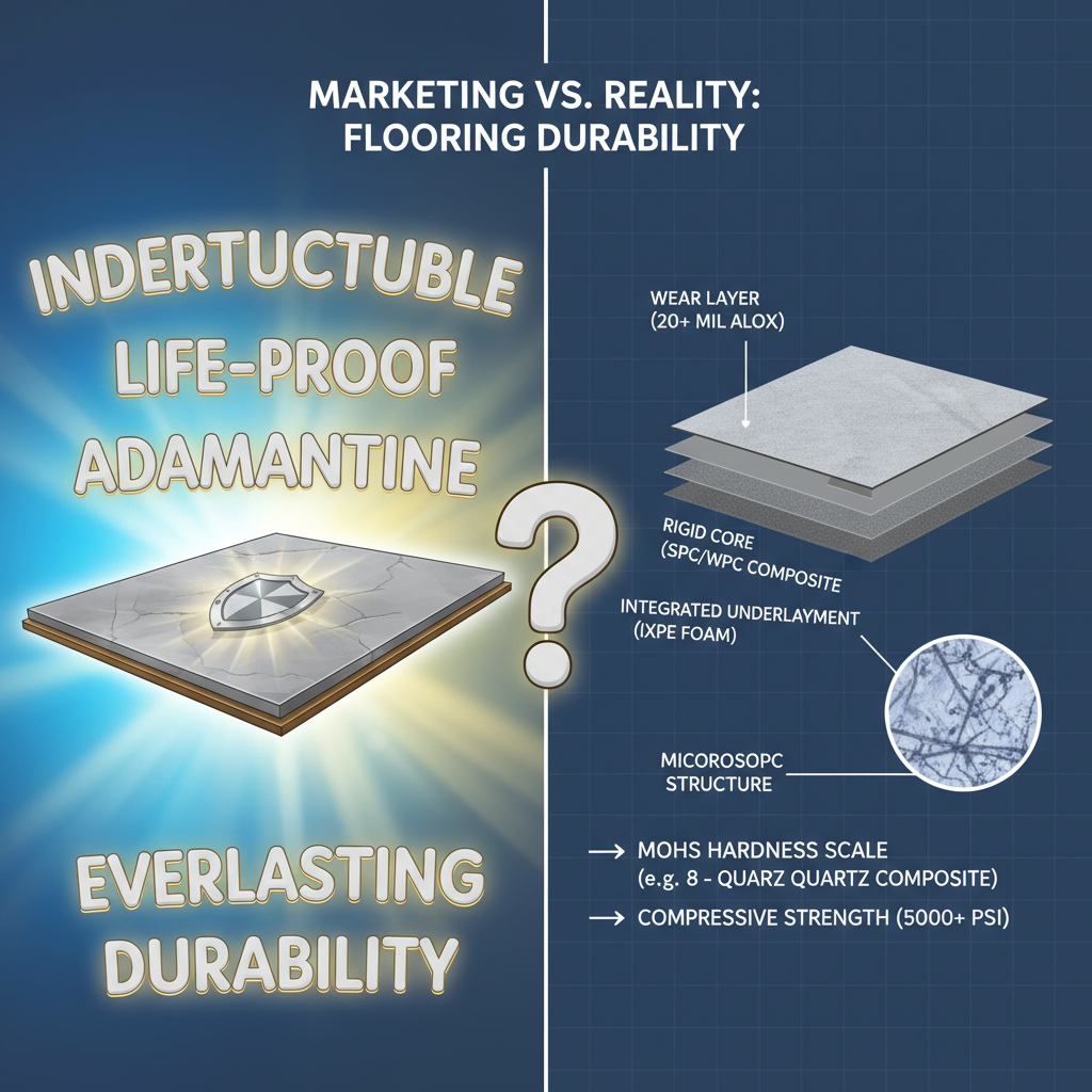 A split image contrasting marketing buzzwords like 'Indestructible' and 'Life-Proof' with scientific diagrams showing wear layer thickness and Mohs hardness scale for flooring durability.