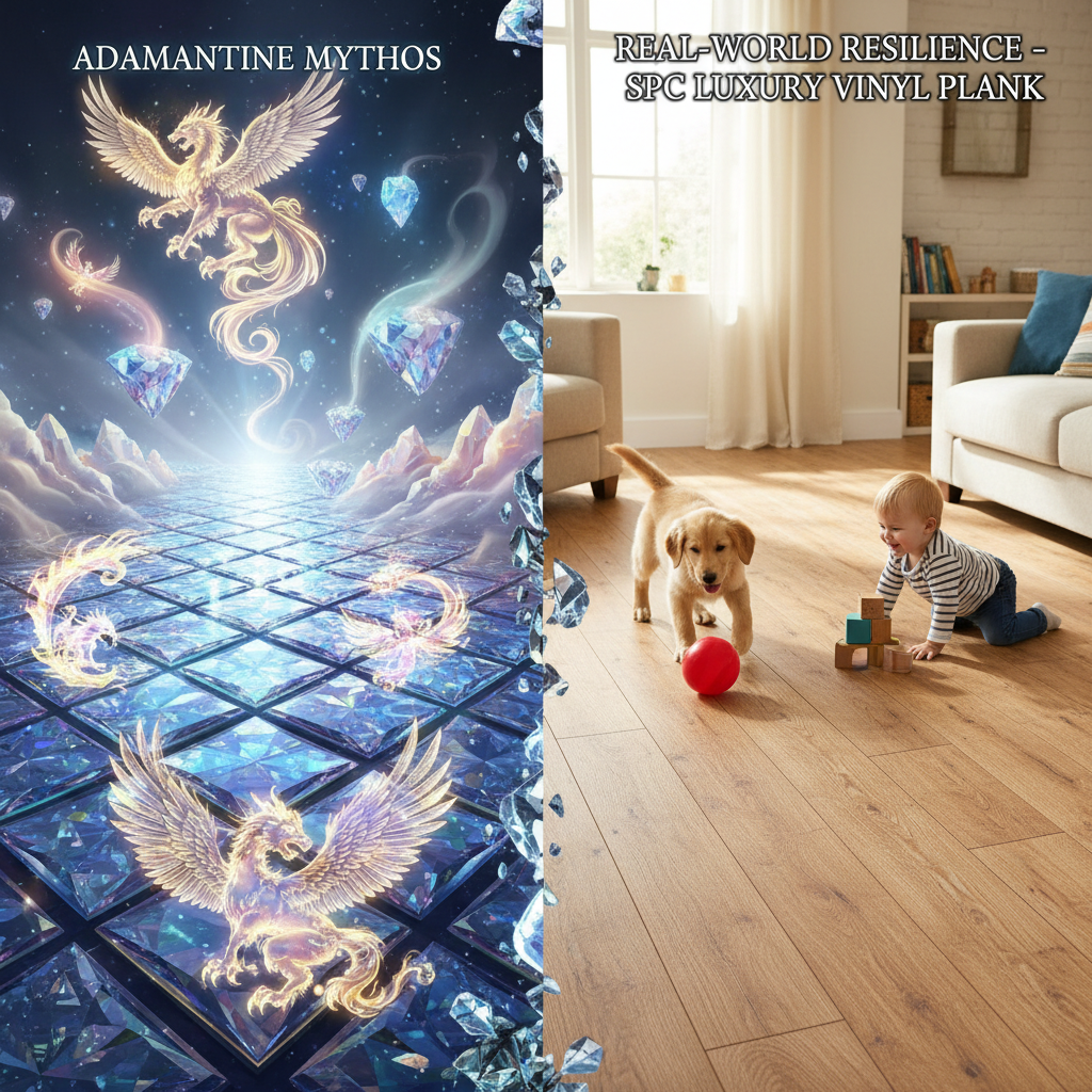A dynamic split-image illustration contrasting mythical adamantine flooring with realistic, durable SPC Luxury Vinyl Plank in a modern setting.