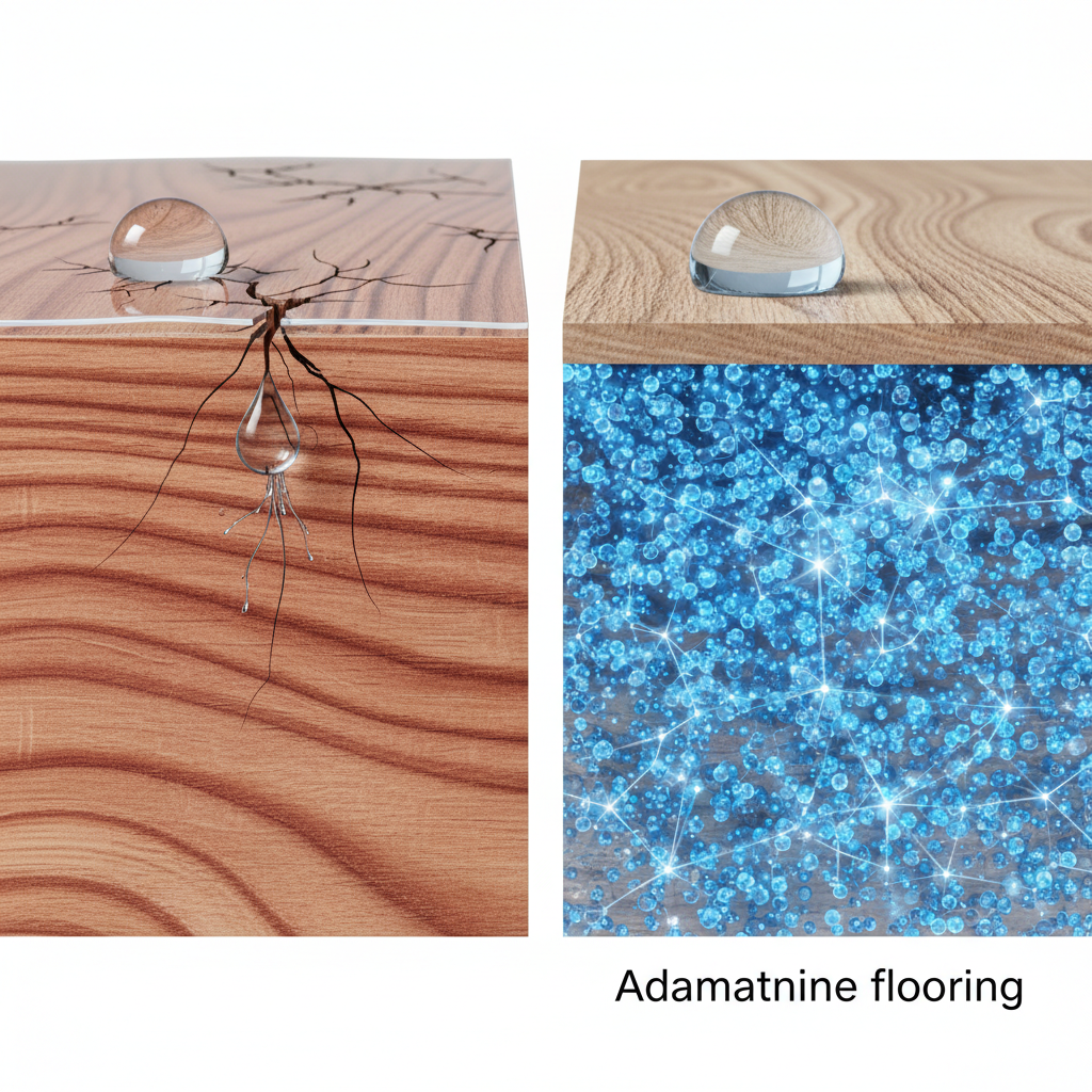 A microscopic, abstract illustration comparing two cross-sections of wood flooring. The left side shows a traditional wood plank with a thin, topical polyurethane coating, visibly cracked or scratched, allowing a droplet of water to penetrate to the raw wood fibers. The right side shows an 'Adamantine flooring' plank with aluminum oxide nanoparticles deeply embedded and cross-linked within the wood's cellular structure, forming an impenetrable, gemstone-hard barrier against a water droplet.