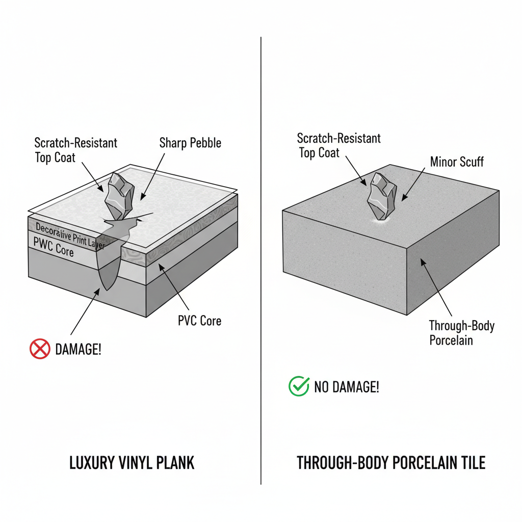 A split-screen illustration comparing the core durability of LVP (Luxury Vinyl Plank) versus through-body porcelain tile. LVP shows a thin wear layer easily gouged to reveal a soft core, while porcelain tile maintains uniform hardness throughout, resisting deep scratches.