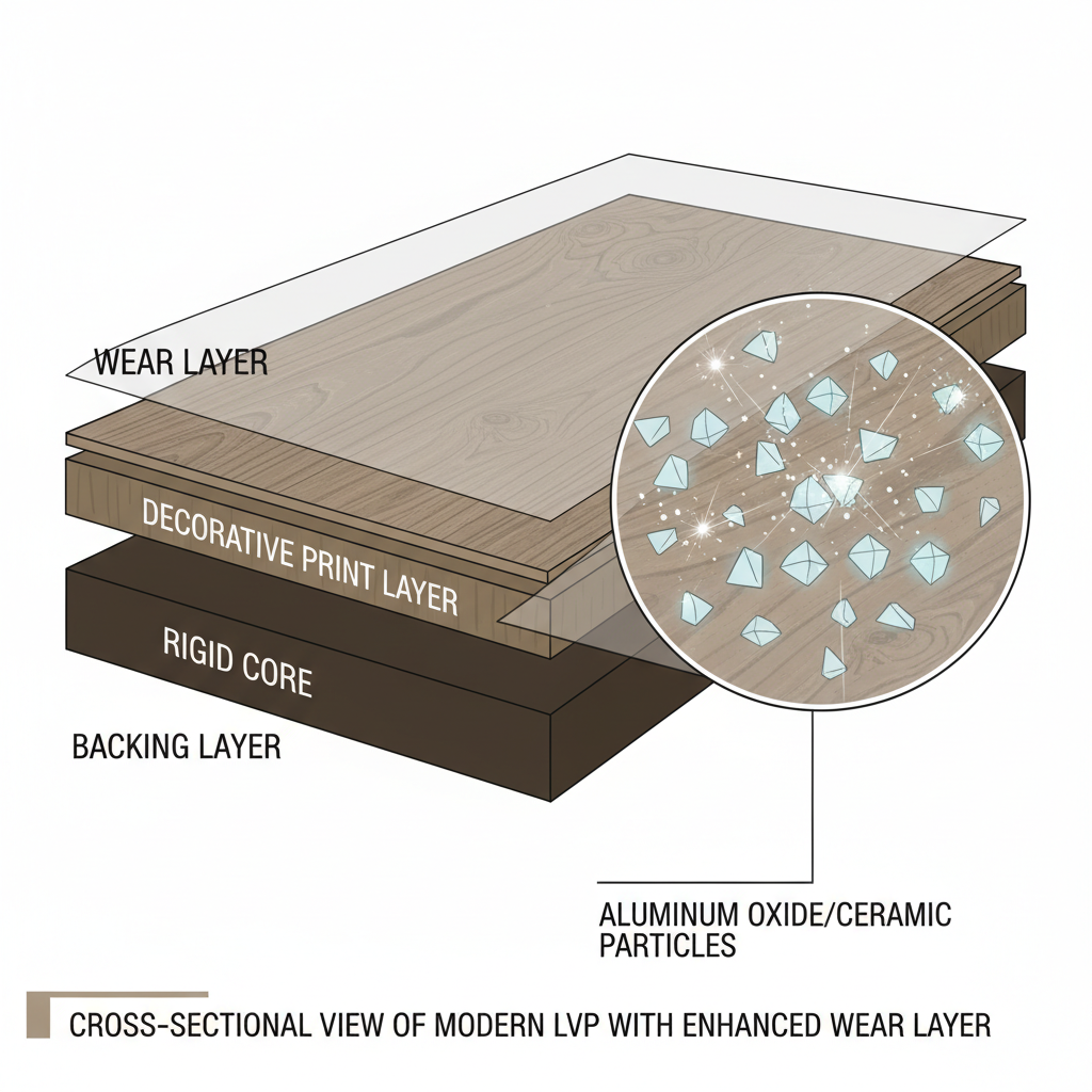A detailed cross-section illustration of a modern luxury vinyl plank (LVP) showing the rigid core, decorative print layer, and a thick, transparent top wear layer with microscopic, diamond-like particles resisting scratches.