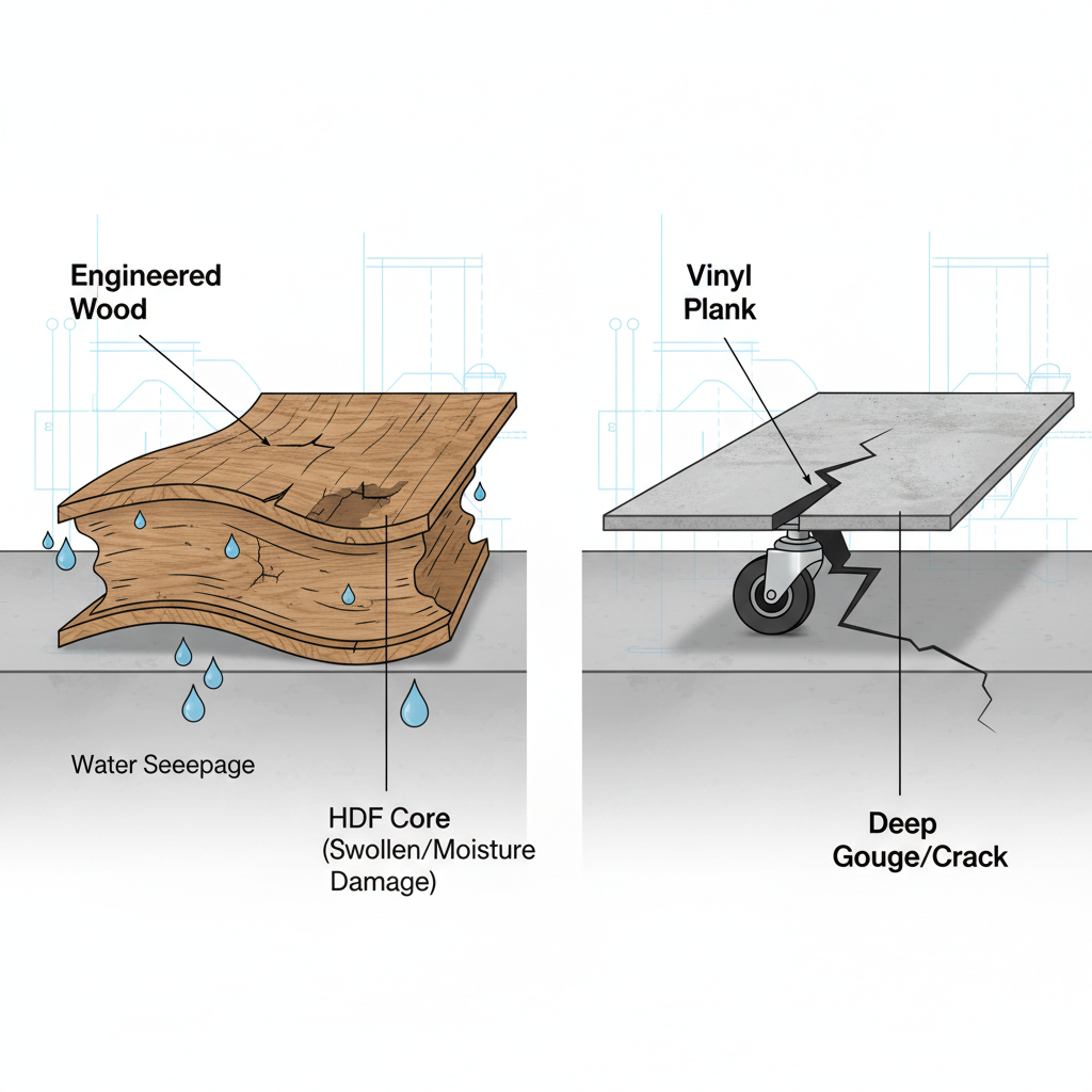 A detailed, illustrative cross-section of two damaged flooring types. On the left, an engineered wood floor with an HDF core visibly swollen and cupped due to moisture absorption, with water droplets seeping in. On the right, a traditional vinyl plank floor with a deep, sharp gouge and crack caused by a small, hard caster wheel applying an angled point load. The background should be a subtle, technical blueprint style.
