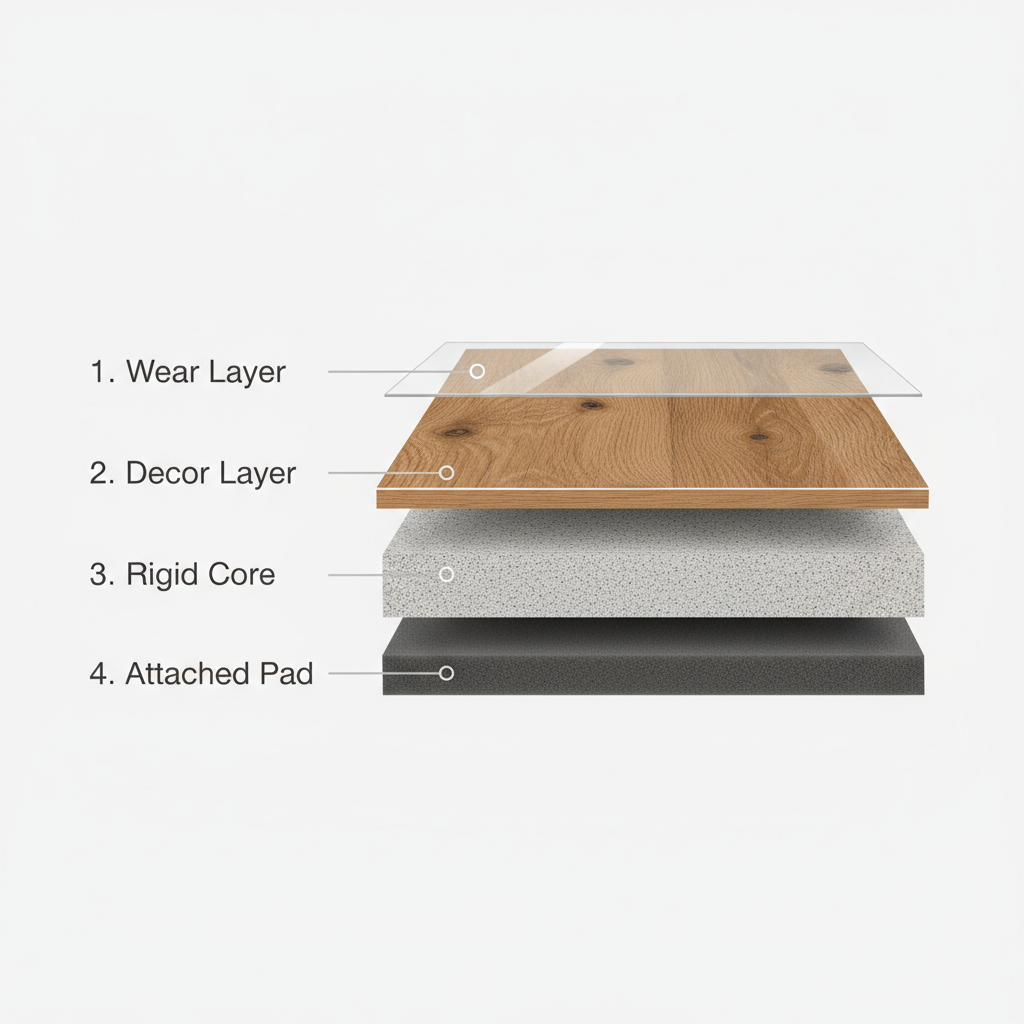 Anatomy of a Multi-Layer Flooring Plank A clean, detailed cross-section diagram of a multi-layer flooring plank. Clearly label and visually differentiate the four distinct layers: 1. 'Wear Layer' (transparent, top, thin), 2. 'Decor Layer' (realistic wood or stone pattern beneath the wear layer), 3. 'Rigid Core' (thick, dense, central structural layer, possibly showing stone-polymer composite texture), and 4. 'Attached Pad' (bottom, softer, sound-absorbing texture). Use a modern, infographic-style with clear lines, subtle textures for each layer, and a professional aesthetic.