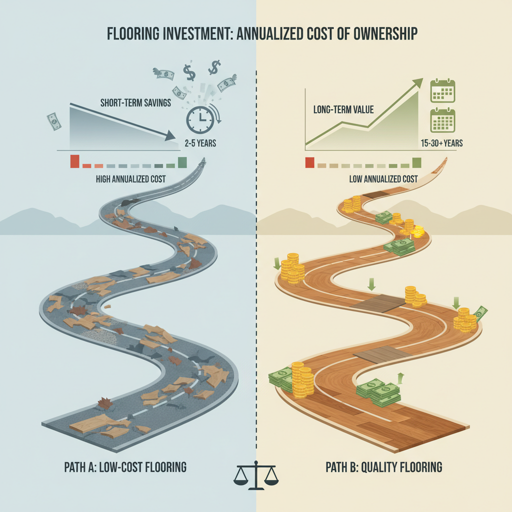 Infographic comparing two flooring investment paths: one with high initial cost but low annualized cost (e.g., hardwood) and another with low initial cost but high annualized cost (e.g., carpet).