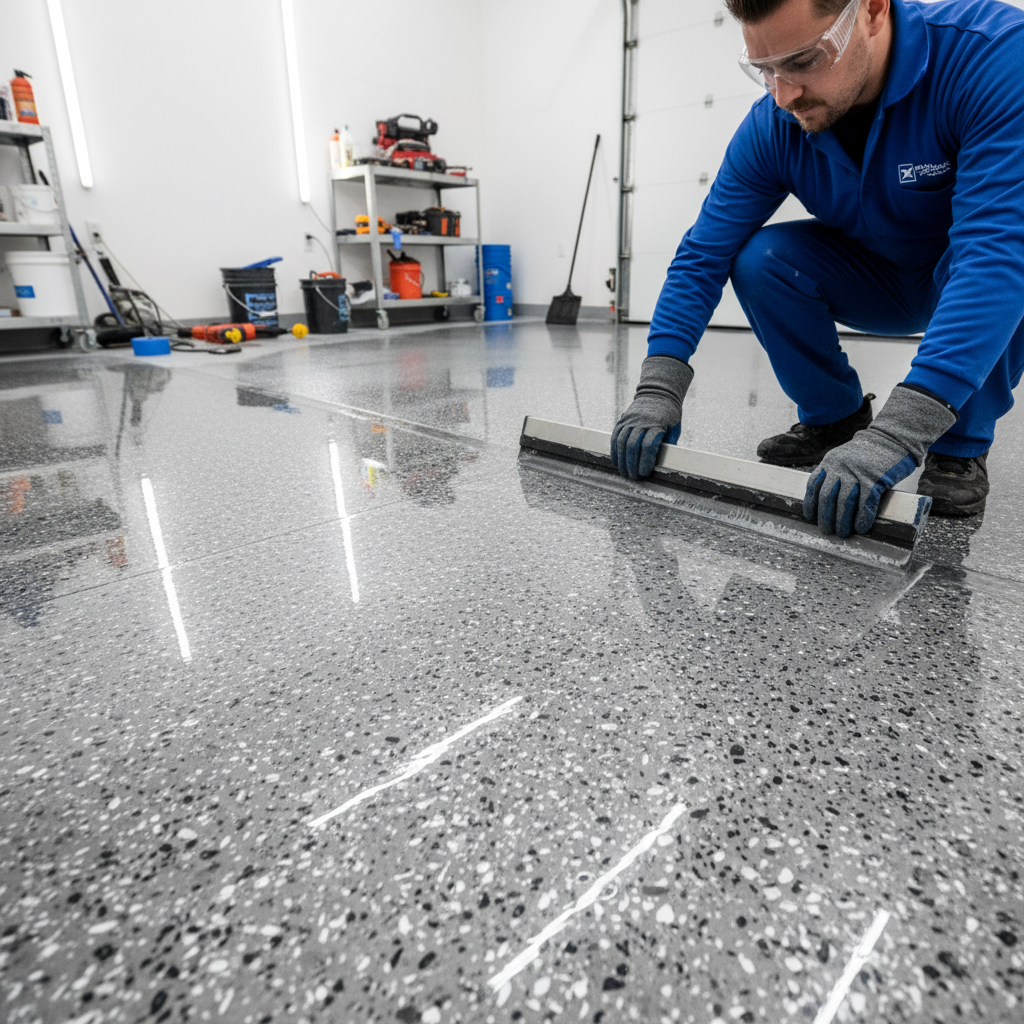 Applying Adamantine Floor Coating A close-up, high-angle shot of a professional applying a thick, glossy, industrial-grade epoxy or polyaspartic coating to a concrete floor in a modern, clean garage or basement setting. The coating is being spread evenly with a squeegee, showcasing its self-leveling properties and creating a seamless, ultra-durable finish. The floor has a subtle metallic or stone-like texture.