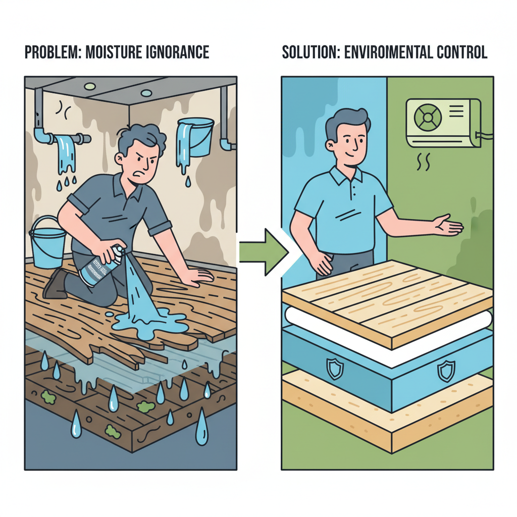 A dynamic, split-panel illustration. Left panel: a homeowner looking frustrated at a buckled, cupped wooden floor, attempting to spray a 'waterproof' sealant directly onto the surface, ignoring the damp, unseen subfloor beneath. The background shows a chaotic, leaky environment. Right panel: a confident homeowner or professional overseeing a clean, cross-section view of a multi-layered, healthy floor system. This system clearly shows a dry subfloor, a robust vapor barrier, a stable underlayment, and a durable top layer, with an integrated, well-maintained HVAC system icon in the background, symbolizing environmental control. Style: modern infographic, clean lines, vibrant contrasting colors for the 'problem' vs. 'solution' side, with clear, illustrative elements.