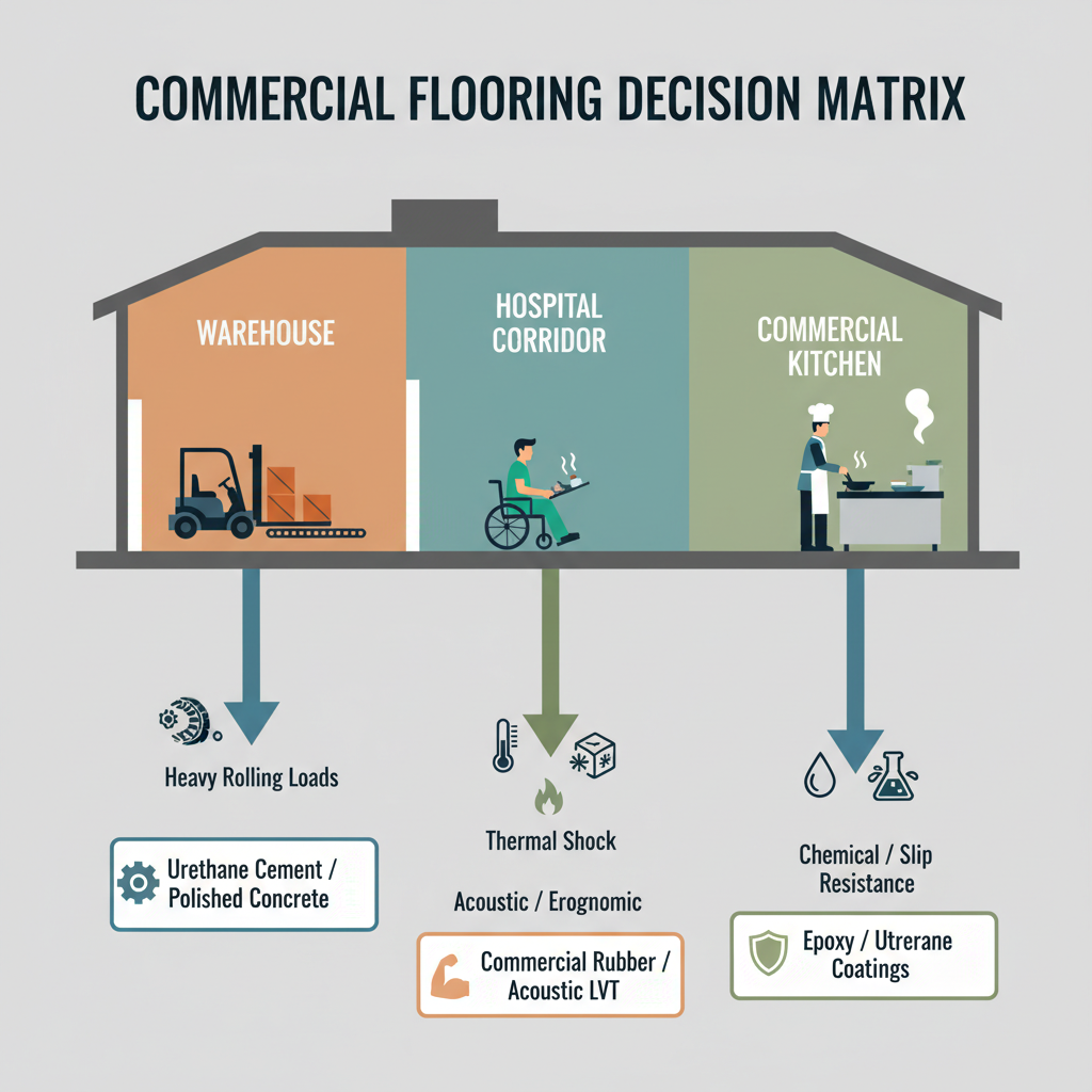 Infographic-style illustration depicting a decision matrix for commercial flooring based on facility zones and hazards, matching them to appropriate flooring types.
