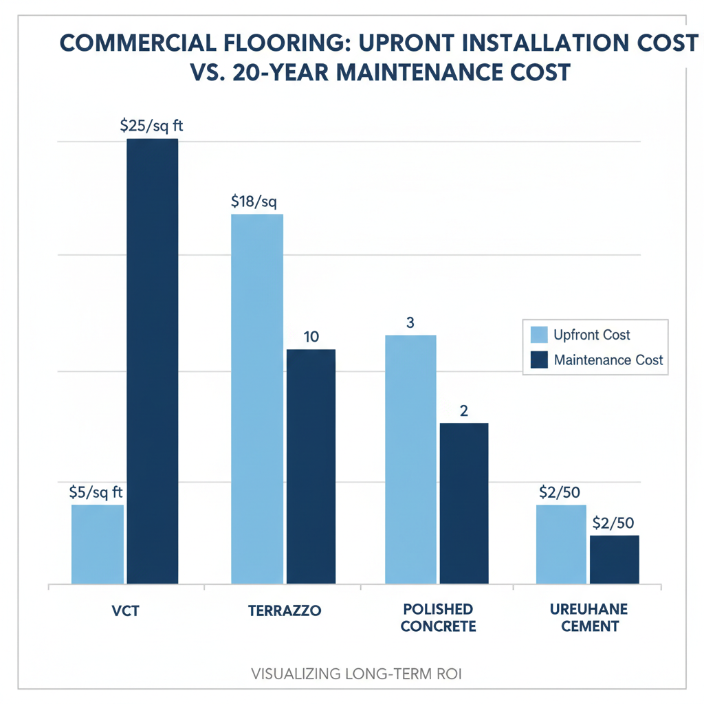 Comparative bar chart showing upfront installation cost versus 20-year maintenance cost for VCT, Terrazzo, Polished Concrete, and Urethane Cement, highlighting long-term ROI.