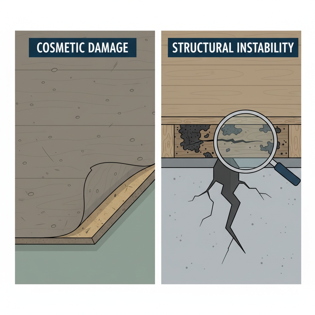 Cosmetic vs. Structural Floor Damage A split-view illustration of a home floor. On the left, a close-up of a floor surface with minor scratches, dents, and a peeling laminate edge, with a label 'Cosmetic Damage'. On the right, a cross-section view revealing a floor joist with visible moisture damage and wood rot, or a concrete slab with a prominent crack and unevenness, with a label 'Structural Instability'. A magnifying glass hovers over the structural side, emphasizing the hidden issues.