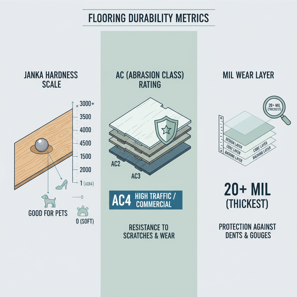 Infographic explaining Janka Hardness Scale for wood, AC (Abrasion Class) Rating for laminate, and Mil Wear Layer for LVP, with recommended values for pet homes.