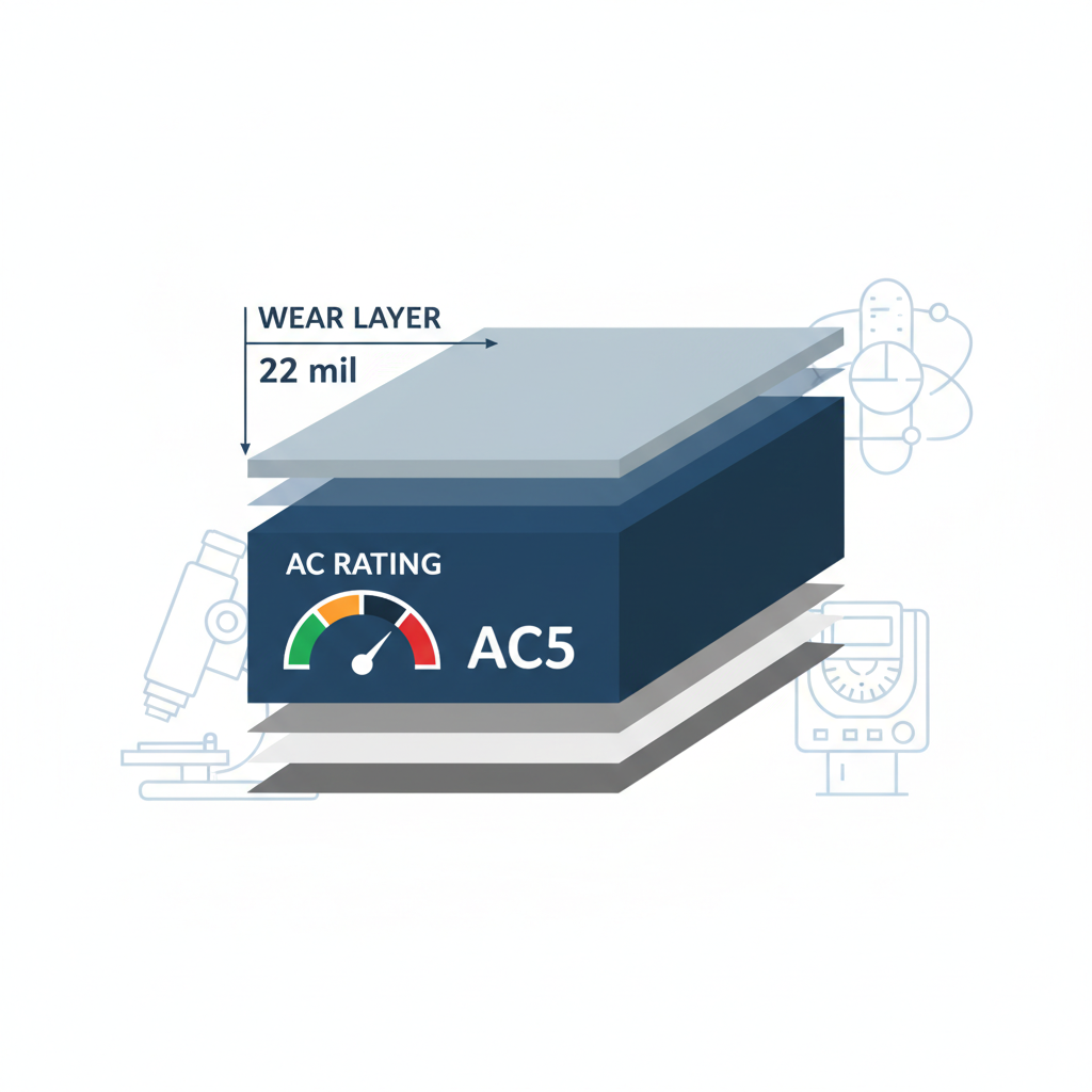 An infographic-style illustration depicting a cross-section of advanced flooring material. Clearly visible layers are labeled: 'Wear Layer' with an arrow pointing to its thickness in 'mil' (e.g., 22 mil), and another layer indicating 'AC Rating' (e.g., AC5) with a gauge or scale. Scientific instruments like a microscope or a hardness tester are subtly integrated into the background.