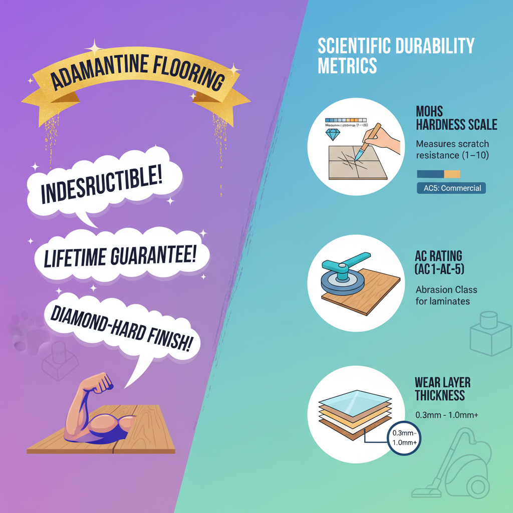A vibrant, infographic-style illustration contrasting marketing buzzwords with scientific durability metrics for flooring. On one side, a stylized 'Adamantine Flooring' banner with exaggerated sparkle and vague claims. On the other, clear visual representations of Mohs hardness scale (a hand scratching a tile with a diamond), AC ratings (an abrasive machine testing laminate), and wear layer thickness (a cross-section of LVP with a ruler). Integrate subtle elements of a busy home environment (e.g., a child's toy, a pet paw print) in the background.