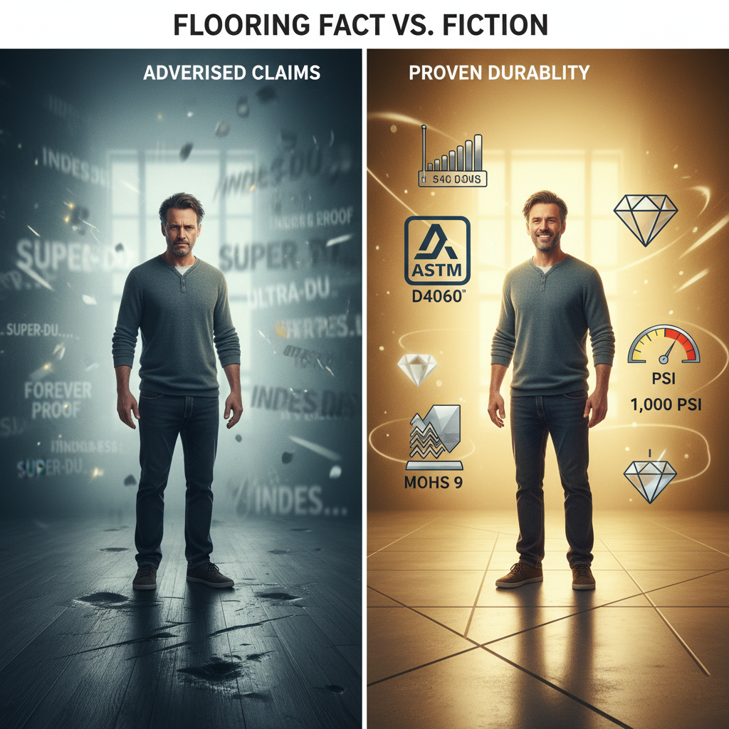 A dynamic, split-panel illustration. The left panel depicts a frustrated homeowner looking down at a scratched and dented floor, surrounded by blurry, confusing marketing buzzwords like 'indestructible' and 'super-durable' floating around. The right panel shows the same homeowner, now confident and smiling, standing on a pristine, strong floor, surrounded by clear, sharp scientific symbols such as a Mohs hardness scale icon, an ASTM testing symbol, a PSI gauge, and a gleaming diamond icon. Style: realistic illustration with integrated infographic elements, clear visual contrast between confusion and clarity, vibrant colors.