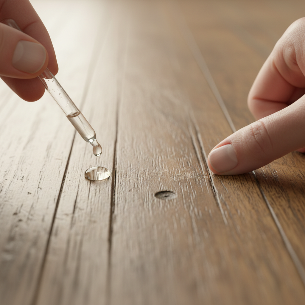 Close-up image demonstrating two diagnostic tests for floor damage: a water drop test on a scratched hardwood floor and a fingernail test across a scratch.