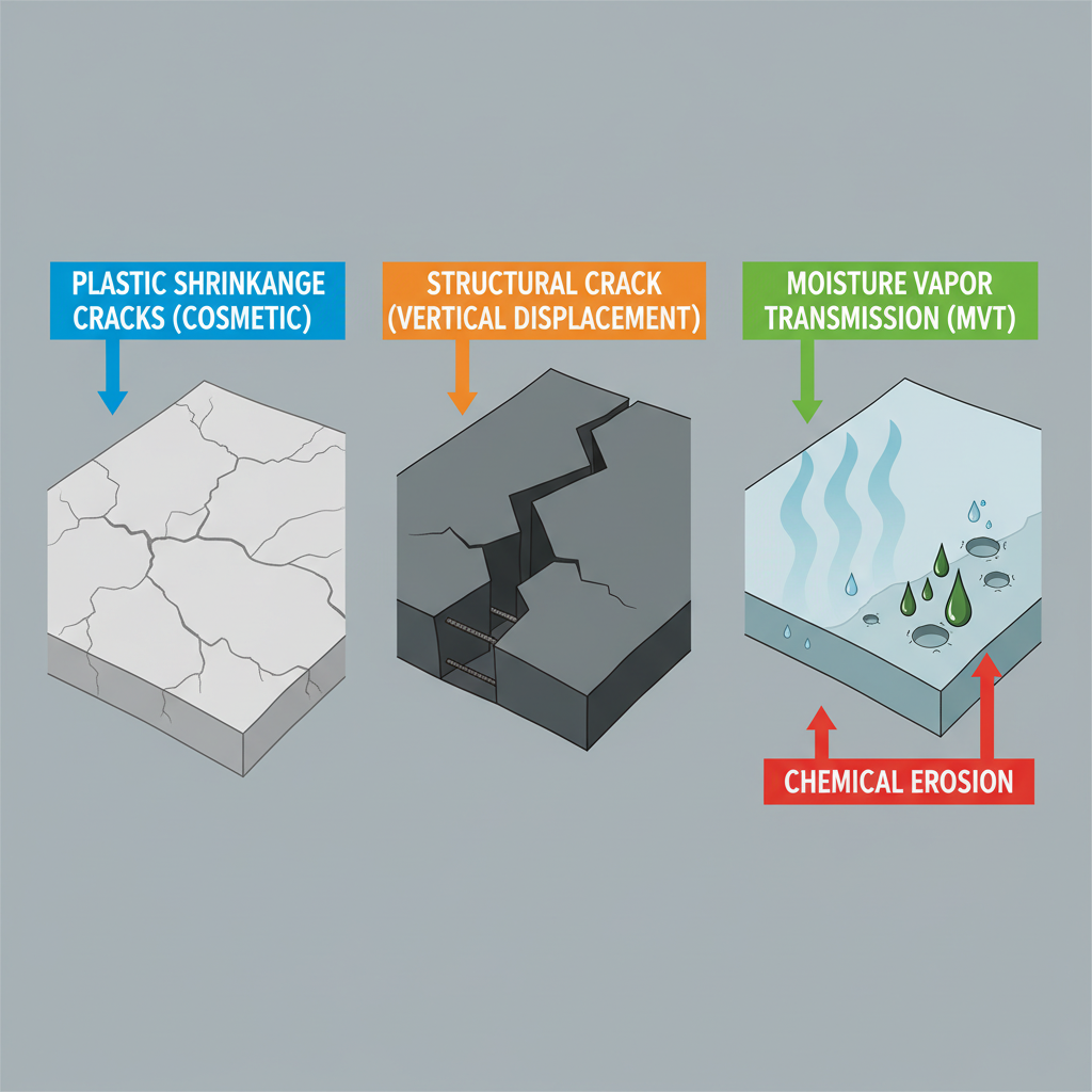 An infographic-style illustration depicting common industrial floor failures. The image is split into sections: one showing a concrete slab with fine, web-like 'plastic shrinkage cracks' (cosmetic), another with a deep, wide 'structural crack' showing vertical displacement, and a third section with abstract representations of moisture vapor rising through the slab (MVT) and corrosive chemical droplets eroding the surface.