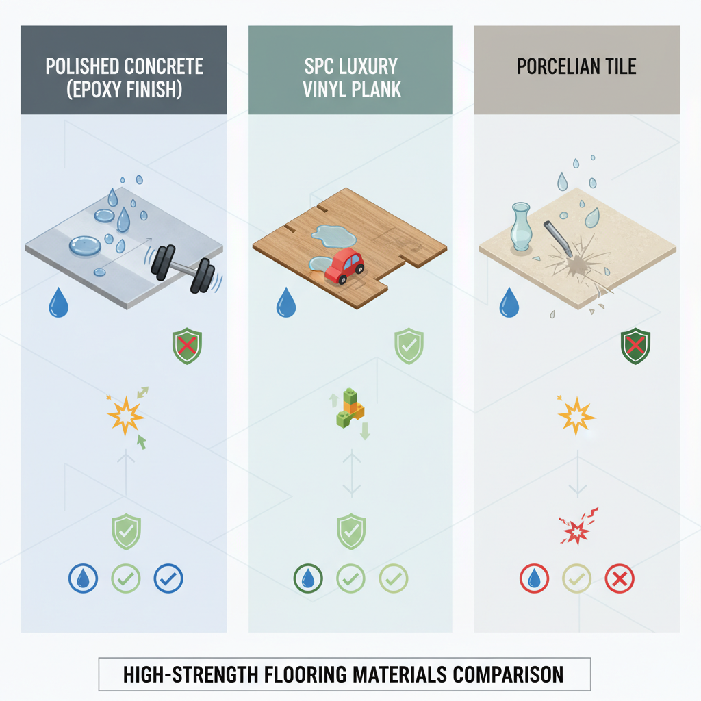 A visually engaging comparison matrix or infographic showcasing three distinct high-strength flooring materials. Each material is presented in its own panel: 1) Polished concrete with an epoxy finish, demonstrating water beading off, a key attempting to scratch it with no effect, and a heavy object (e.g., a dumbbell) bouncing off its surface. 2) SPC (Stone Plastic Composite) Luxury Vinyl Plank, depicted with water pooling on its surface without penetration, a scratch test showing only minor marks, and a moderate impact (e.g., a child's toy dropping) resulting in slight absorption. 3) Porcelain Tile, showing water completely repelled, a deep scratch test failing, and a glass object shattering upon impact (emphasizing its hardness but also brittleness). Use small, consistent icons for water resistance, scratch resistance, and impact resistance in each panel. Style: clean, illustrative, slightly isometric 3D elements for the materials, clear visual cues for durability levels.