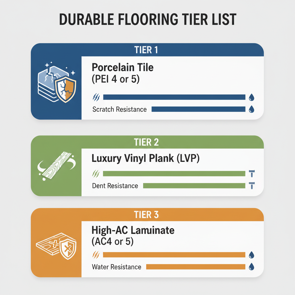A clean, modern infographic-style illustration depicting a 'Durable Flooring Tier List.' Create three distinct vertical tiers or columns. Tier 1 (top): Porcelain Tile (PEI 4 or 5) with an icon of a strong, unbreakable tile. Tier 2 (middle): Luxury Vinyl Plank (LVP) with an icon of a flexible, water-resistant plank. Tier 3 (bottom): High-AC Laminate (AC4 or AC5) with an icon of a scratch-resistant board. For each tier, include small, clear icons or progress bars indicating its resistance levels for 'Scratch,' 'Dent,' and 'Water.' Use a vibrant yet professional color scheme.