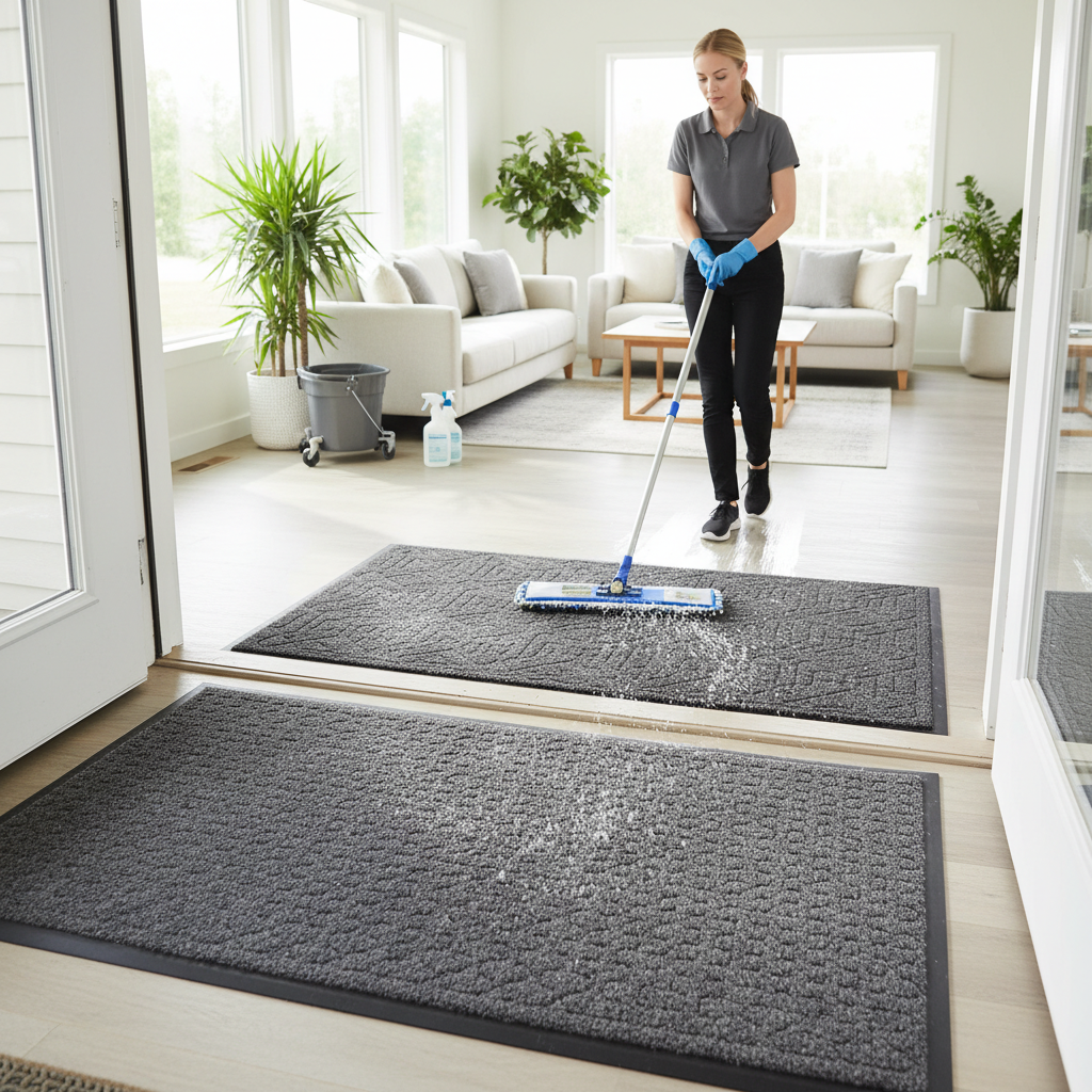Image showing an efficient cleaning crew member mopping a seamless floor in a vacation rental entryway with a multi-layered walk-off mat system, emphasizing fast cleaning and dirt prevention.