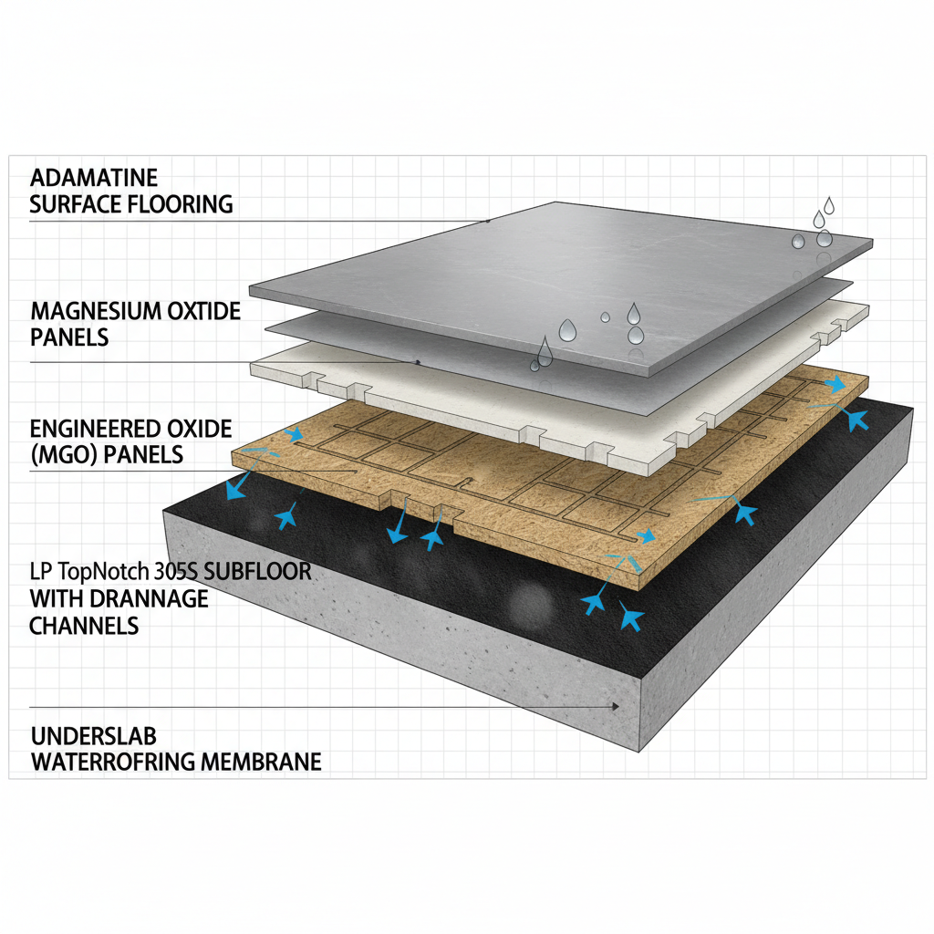 A detailed, layered cross-section diagram of a residential floor illustrating a complete 'waterproof ecosystem'. From top to bottom: Adamantine surface flooring, followed by a layer of Magnesium Oxide (MGO) panels, then an engineered OSB subfloor (like LP TopNotch 350 with visible drainage channels), and finally, for concrete slabs, an underslab waterproofing membrane. Each layer should be clearly labeled and appear integrated, showcasing a robust, multi-tiered defense against moisture.