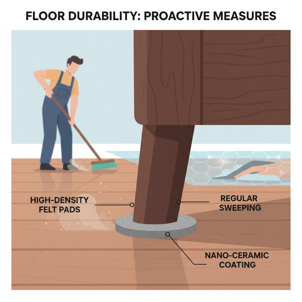 A clear, informative illustration demonstrating key preventative measures for floor durability. The central element is a close-up of a furniture leg with a perfectly applied high-density felt pad. In the background, subtly depicted, a person is sweeping a floor to remove abrasive particles, and a faint, shimmering, transparent layer represents a nano-ceramic coating being applied or already protecting the surface. The style should be clean, practical, and slightly infographic-like, emphasizing proactive care and long-term protection.