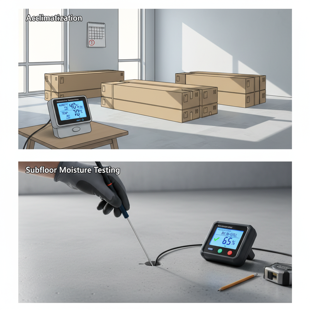 Essential Pre-Installation Steps for Stable Floors A multi-scene illustration depicting crucial pre-installation steps for flooring. Scene 1: 'Acclimatization' - stacks of unopened engineered wood flooring boxes laid flat in a room, with a digital hygrometer on a nearby table showing optimal humidity (e.g., 40%). Scene 2: 'Subfloor Moisture Testing' - a hand inserting a relative humidity (RH) probe into a concrete subfloor, with a digital readout showing a safe moisture level. The overall scene should convey preparedness and attention to detail.