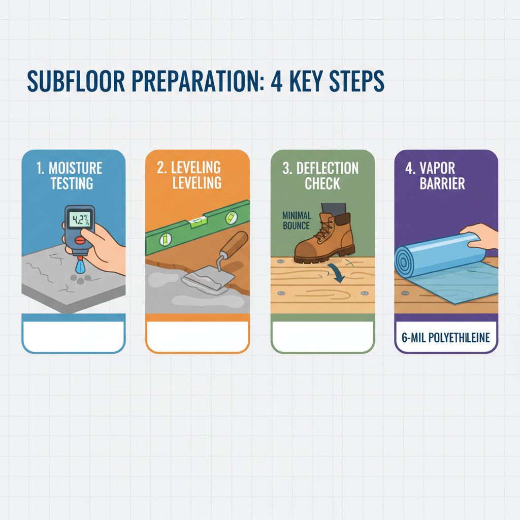 Essential Subfloor Preparation Checklist An infographic-style illustration depicting the four key steps of subfloor preparation. Each step is represented by a clear icon or simplified scene: 1. Moisture Testing (a hand holding a moisture meter on a concrete slab), 2. Leveling (a spirit level on a subfloor with a trowel smoothing a patching compound), 3. Deflection Check (a foot gently pressing on a wood subfloor with an arrow indicating minimal bounce), and 4. Vapor Barrier (a roll of 6-mil polyethylene being laid over a subfloor). Use a clean, professional, and slightly technical aesthetic with clear labels for each step.