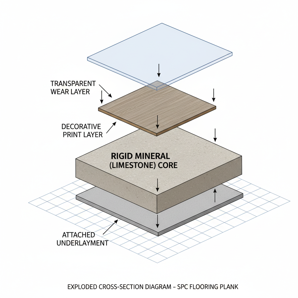 A detailed, exploded cross-section diagram of a Stone Plastic Composite (SPC) flooring plank. Clearly show the distinct layers: a transparent, thick top wear layer, a decorative print layer underneath, the prominent, dense, rigid mineral (limestone) core, and a thin attached underlayment layer at the bottom. The mineral core should be visually distinct with a subtle stone-like texture, emphasizing its rigidity. Style: clean technical diagram, 3D render, with subtle labels for each layer and arrows indicating the 'exploded' view.