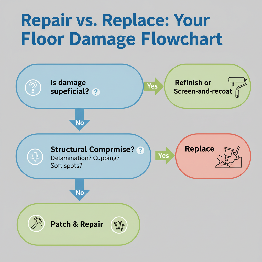 A flowchart titled 'Repair vs. Replace: Your Floor Damage Flowchart' guiding the user through questions about superficial vs. structural damage to determine if floor repair (refinishing) or full replacement is needed.