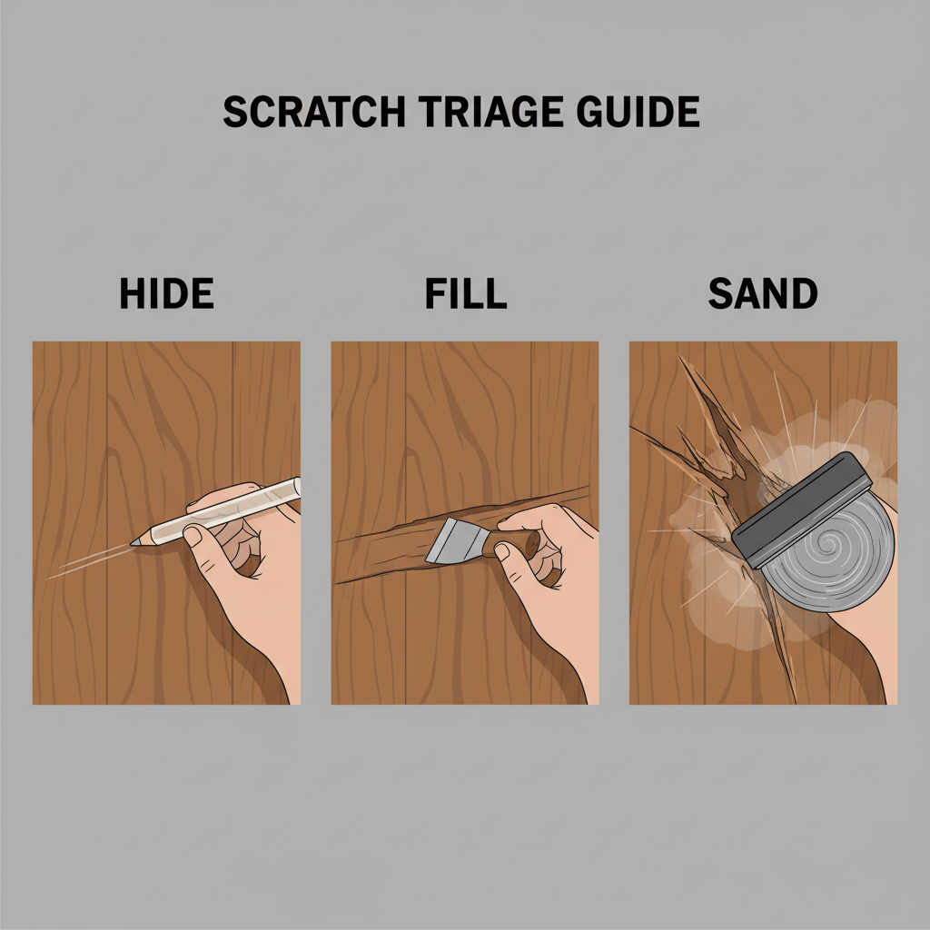 A clear, three-panel infographic illustrating the 'Scratch Triage Guide' for floor repair. Each panel shows a close-up of a floor surface with a specific type of scratch and the corresponding repair method. Panel 1 (Hide): A faint, white surface-level scratch on a wood floor, with a hand applying a blending pencil or clear finish. Panel 2 (Fill): A deeper scratch that has removed the stain and exposed lighter wood, with a hand applying color-matched wax filler or epoxy putty. Panel 3 (Sand): A wide, deep, splintered gouge on a large area, with an abstract representation of a floor sander or refinishing tool working over the damaged zone. Each panel is clearly labeled with 'Hide', 'Fill', and 'Sand'. Style: clean, illustrative, instructional.