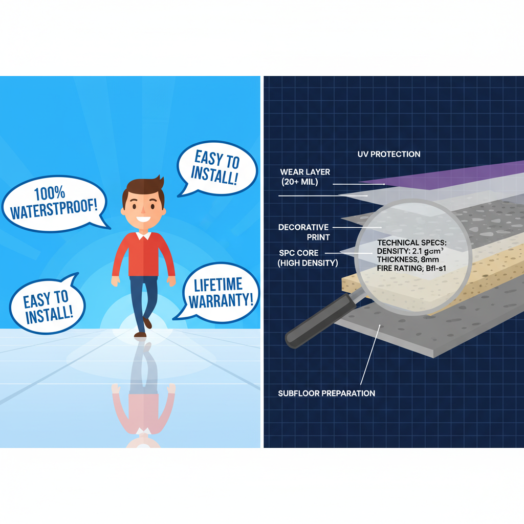 A split-panel illustration showing idealized marketing slogans on one side and detailed technical specifications like wear layer thickness and core density on the other, highlighting the difference between perceived and actual flooring durability.
