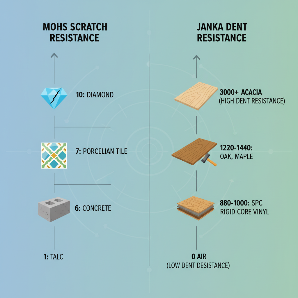 Infographic illustrating Mohs scale for scratch resistance with materials like diamond and porcelain, and Janka Hardness Scale for dent resistance with hardwoods and SPC vinyl.