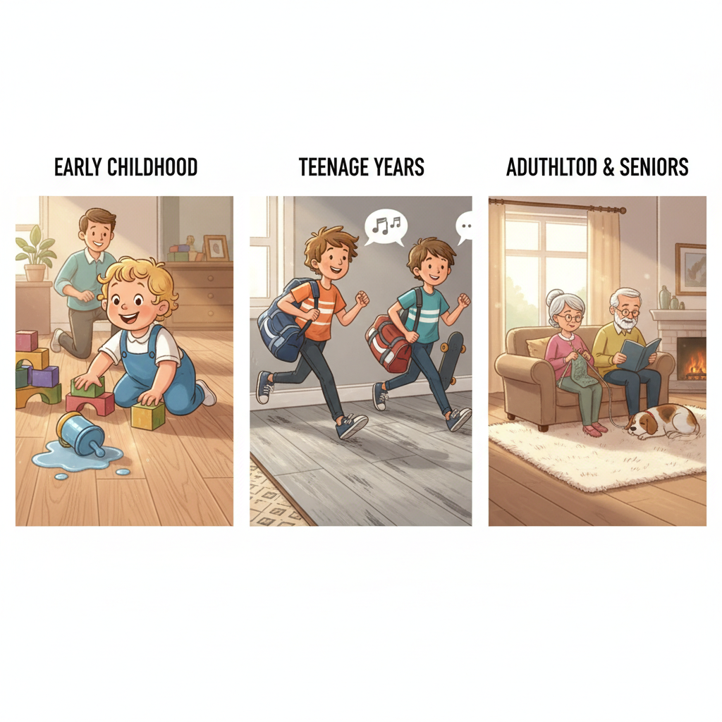 Multi-panel illustration showing ideal flooring solutions for different family stages, from toddlers on LVP/linoleum to teenagers on durable laminate with acoustic underlayment.