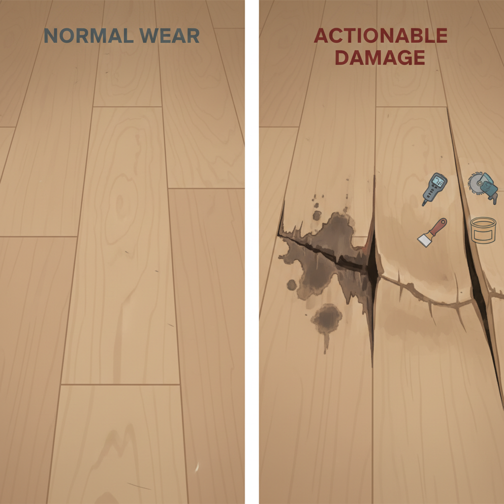 A split-panel illustration contrasting 'Normal Wear' on the left with 'Actionable Damage' on the right. Left panel: Close-up of a floor showing minor, superficial scuffs and slight fading in a high-traffic area. Right panel: Close-up of the same floor type with a deep gouge penetrating the wear layer, a permanent pet stain, and a visibly warped board due to water exposure. Small, subtle icons of DIY repair tools (e.g., a moisture meter, oscillating saw, wood filler) are placed near the damaged section.