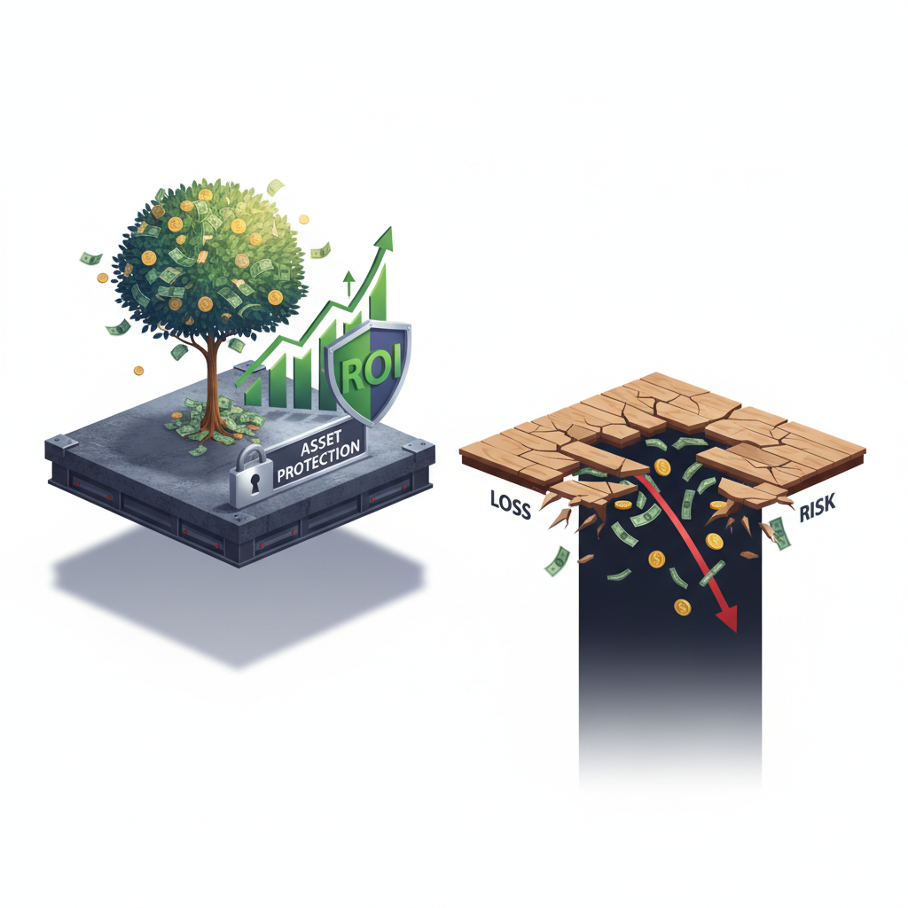 Conceptual illustration showing a strong floor supporting a money tree, symbolizing ROI and asset protection, contrasting with a cracked floor where money is lost.