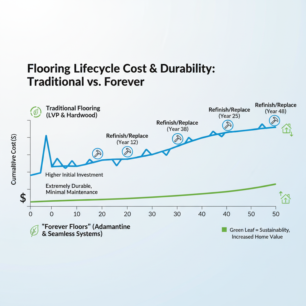 A clean, modern infographic comparing the lifecycle costs and durability of traditional flooring versus 'Forever Floors' over a 50-year timeline, showing traditional floors with multiple cost spikes and Forever Floors with a consistently low cost after initial investment, with icons for sustainability and increased home value.