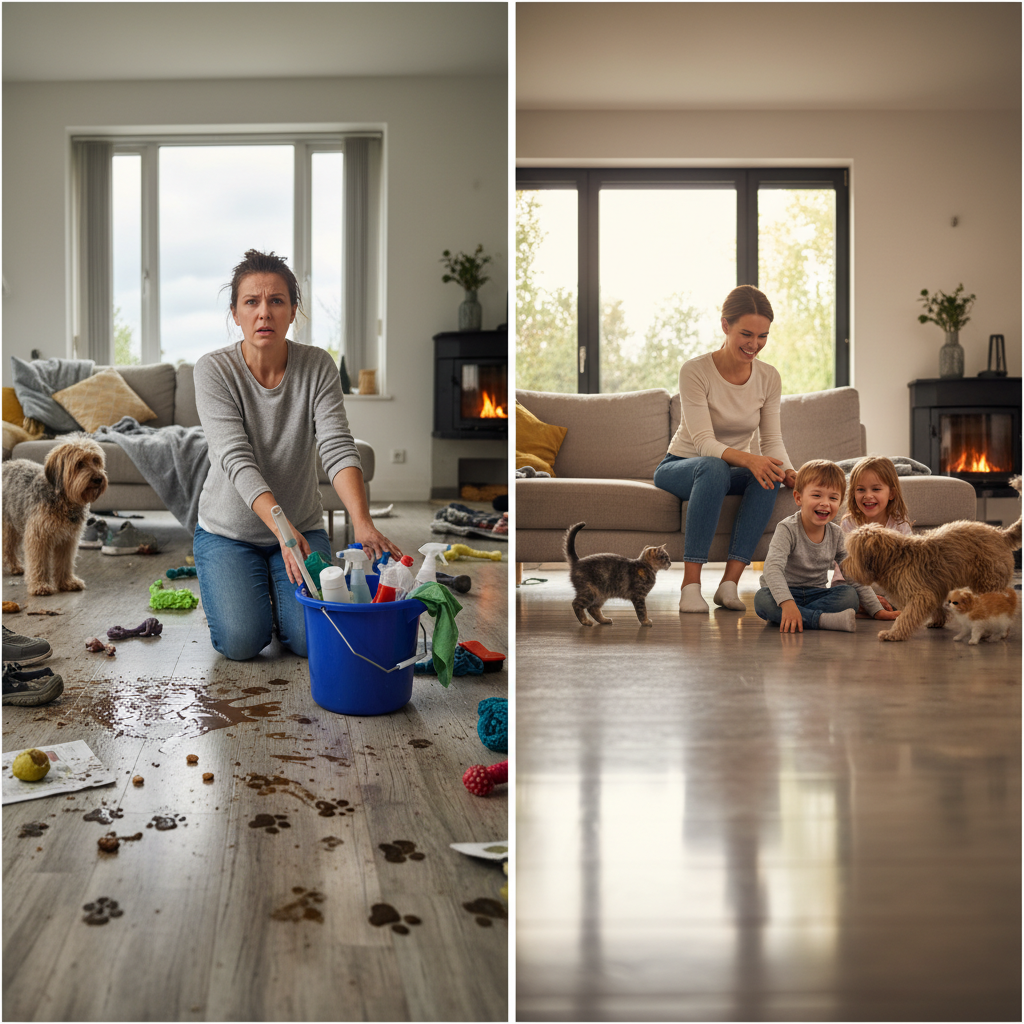 A split-panel image showing a stressed person with messy floors on the left and a relaxed person with clean adamantine floors on the right, illustrating the shift from floor frustration to chaos-proof living.