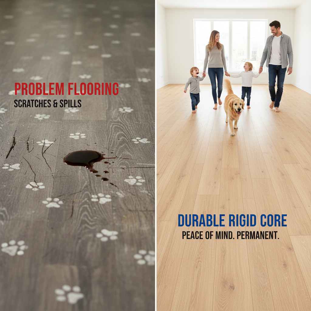 Split image contrasting a worn, scratched floor with dog paw marks and spills against a pristine rigid core floor with a happy family and dog, symbolizing durability and peace of mind.