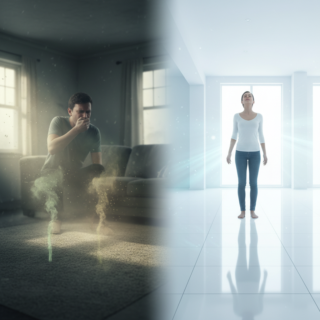 A split image illustrating indoor air quality. On the left, a dimly lit, slightly dusty interior of a home with visible carpet, a person subtly sneezing, and faint, swirling microscopic particles and chemical fumes emanating from the floor. On the right, a bright, clean, modern home interior with sleek, hard Adamantine flooring, a person breathing easily with a serene expression, and clear, fresh air represented by gentle, clean light.