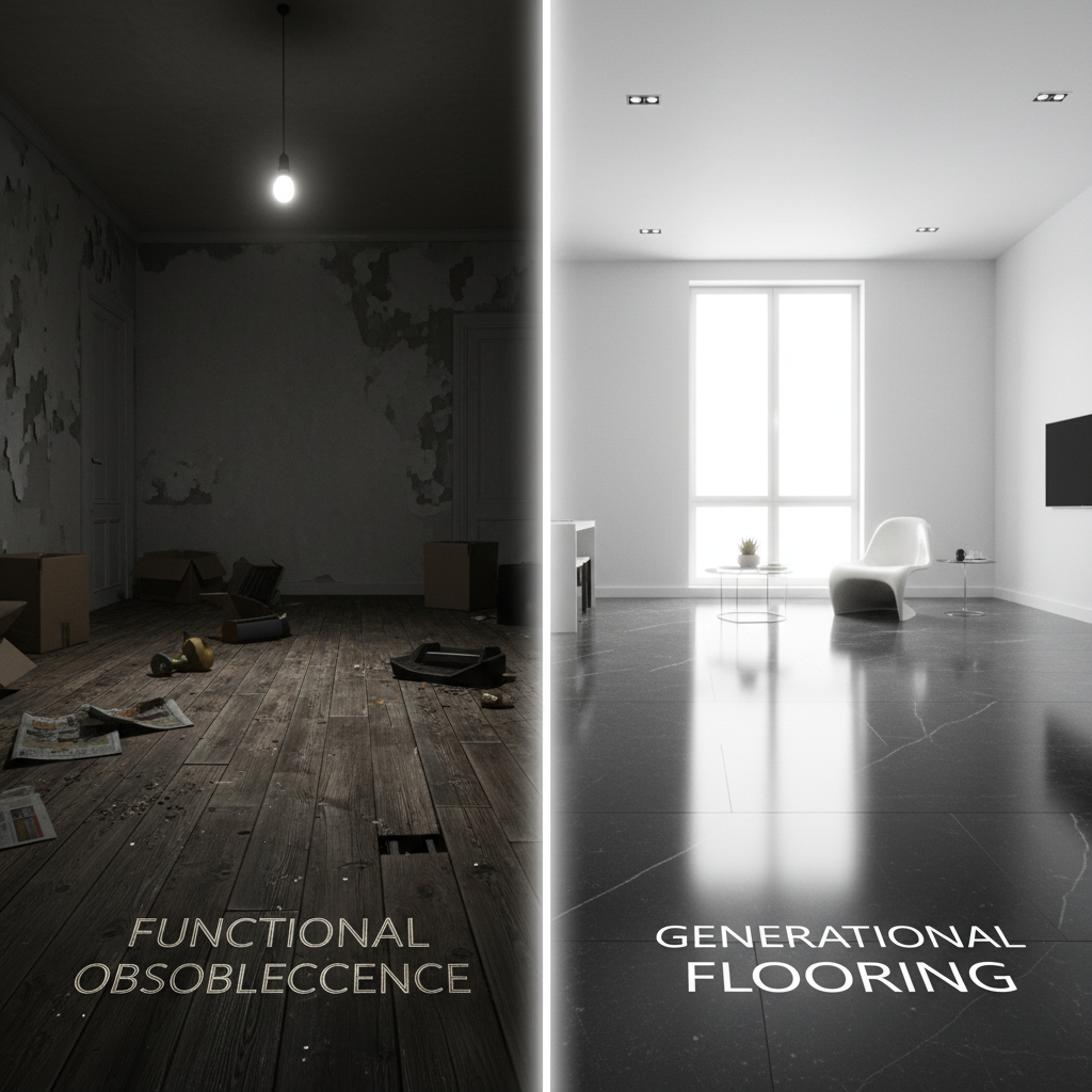 A dynamic split image showing worn wooden floor on left (functional obsolescence) and pristine adamantine floor on right (generational flooring).