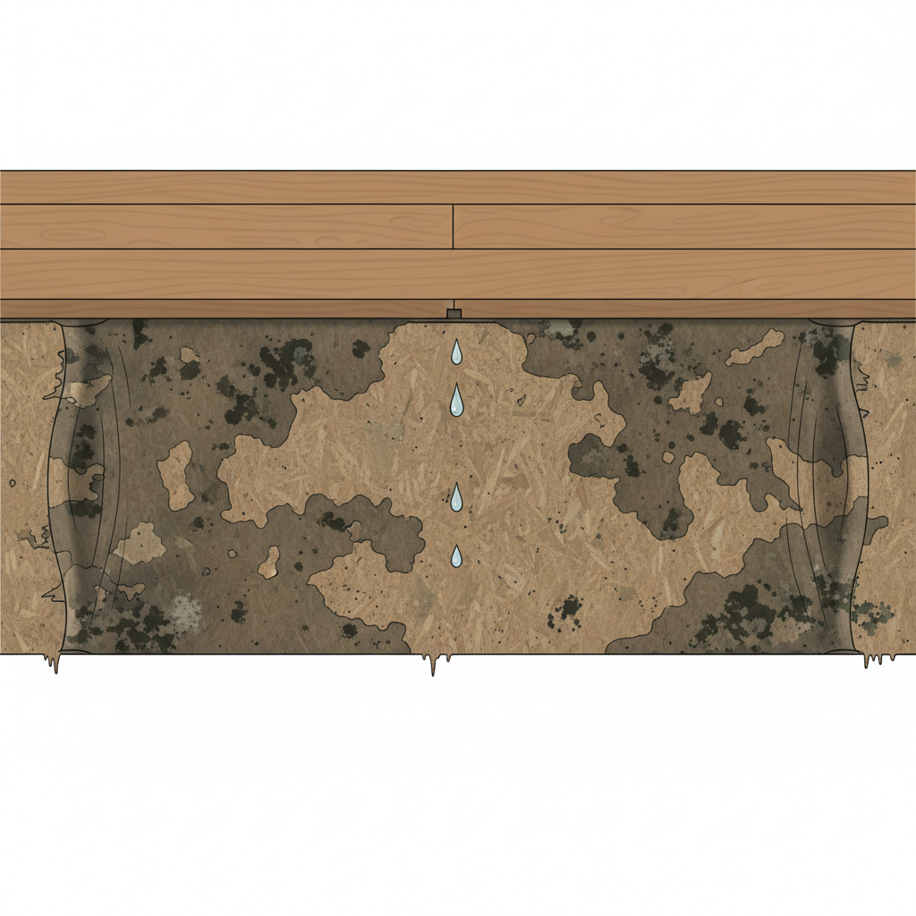 Hidden Subfloor Damage A detailed cutaway illustration of a residential floor showing severe moisture damage and mold growth on the subfloor beneath a pristine top layer, emphasizing hidden dangers.