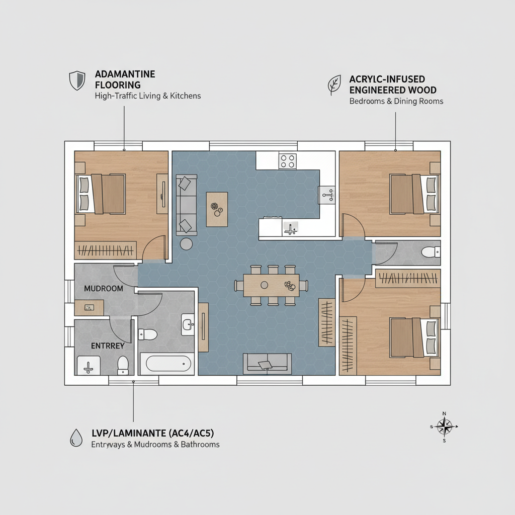 An overhead, architectural-style illustration of a modern family home floor plan. Different rooms are clearly color-coded and labeled with recommended durable flooring types: 'Adamantine Flooring' for high-traffic living areas and kitchens, 'Acrylic-Infused Engineered Wood' for bedrooms and dining rooms, and 'LVP/Laminate (AC4/AC5)' for entryways, mudrooms, and bathrooms. Each zone has subtle visual textures representing the floor type.