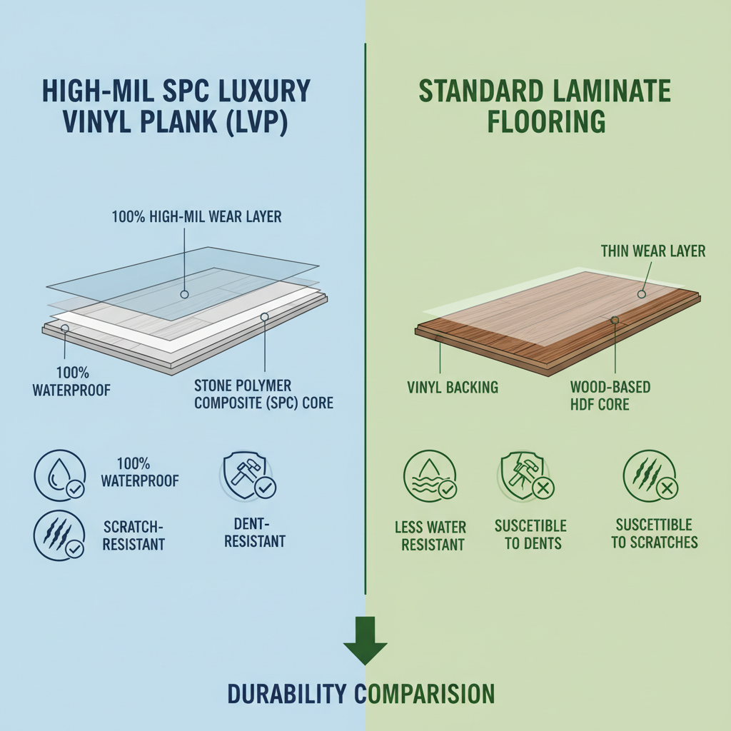 Infographic comparing LVP/SPC and laminate flooring, highlighting LVP's dense core, thick wear layer, and resistance to water, dents, and scratches versus laminate's thinner wear layer and less resistance.